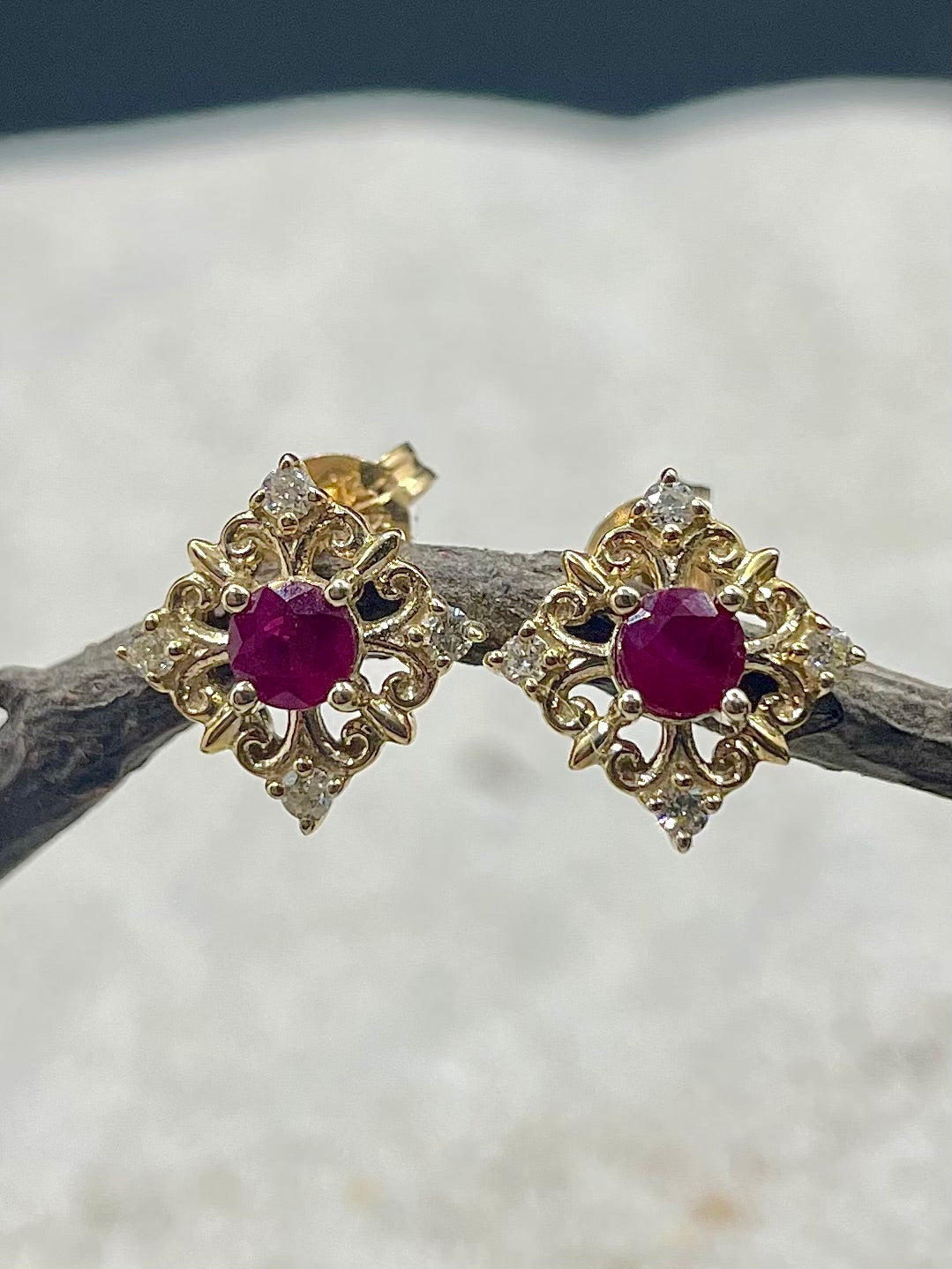 9ct Yellow Gold Ruby & Diamond 'Fancy' Studs