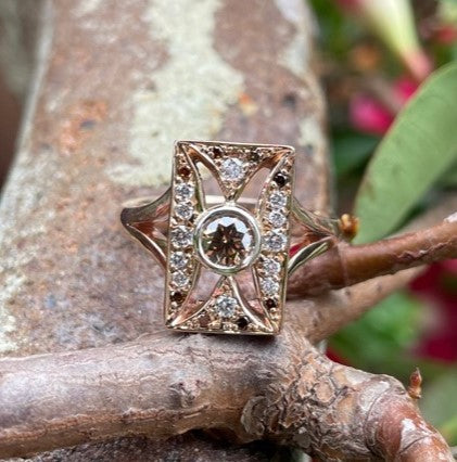 9ct Rose & White Gold ACD, Champagne & White Diamond ‘Art Deco’ Ring