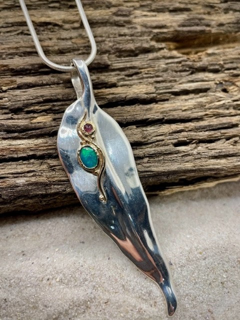 Sterling silver and 9ct Yellow gold, Opal and Pink Tourmaline Gumleaf pendant