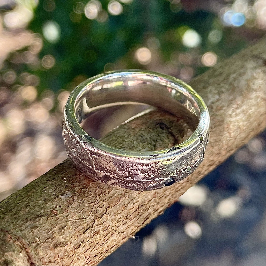 Sterling Silver black diamond sandcast ring