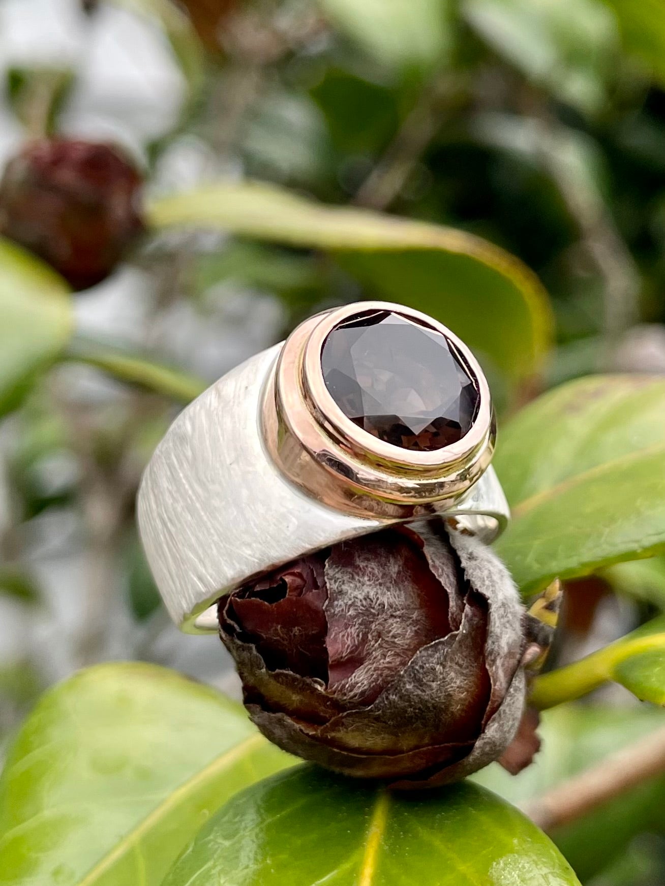 Sterling Silver 9ct Rose Gold bezel-set Smokey Quartz