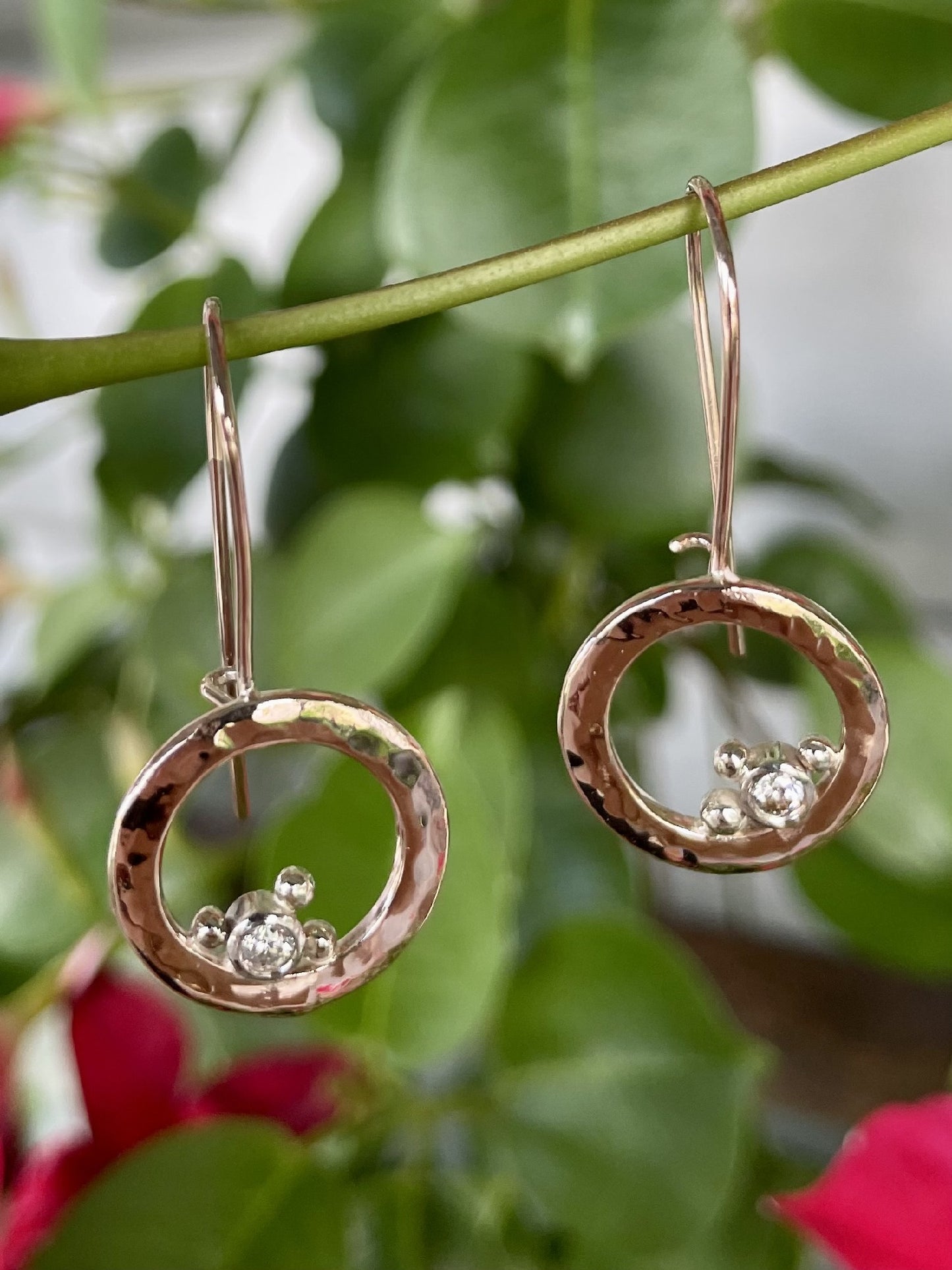 9ct Rose & White Gold Diamond Ball Beaten Circle Drop Earrings