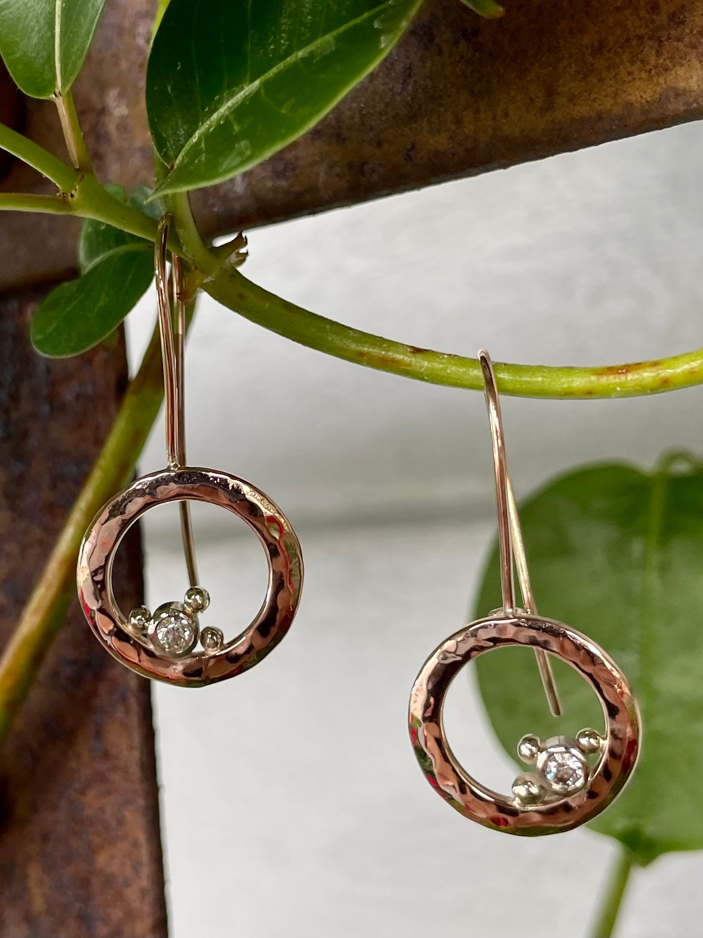 9ct Rose & White Gold Diamond Ball Beaten Circle Drop Earrings