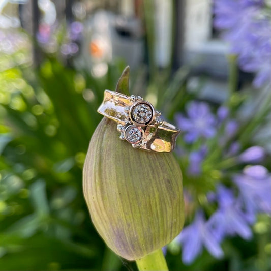 9ct Rose gold Champagne and white diamond split concave ring