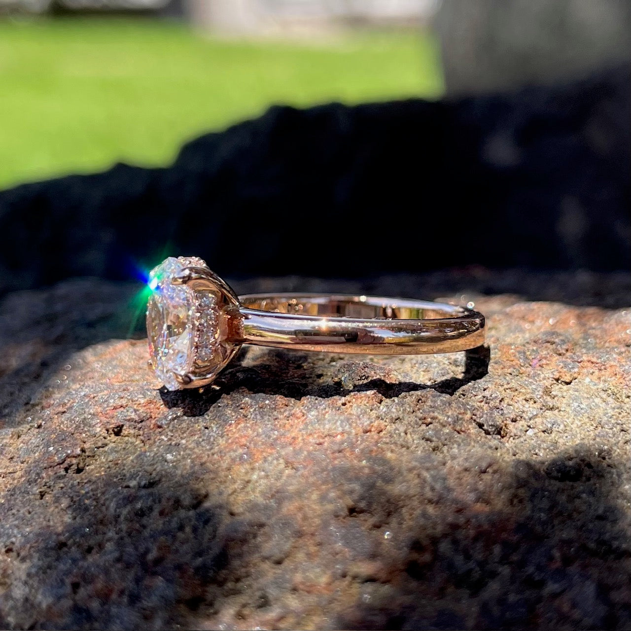 18ct Rose gold 1.59ct Laboratory grown claw set ring with a hidden halo