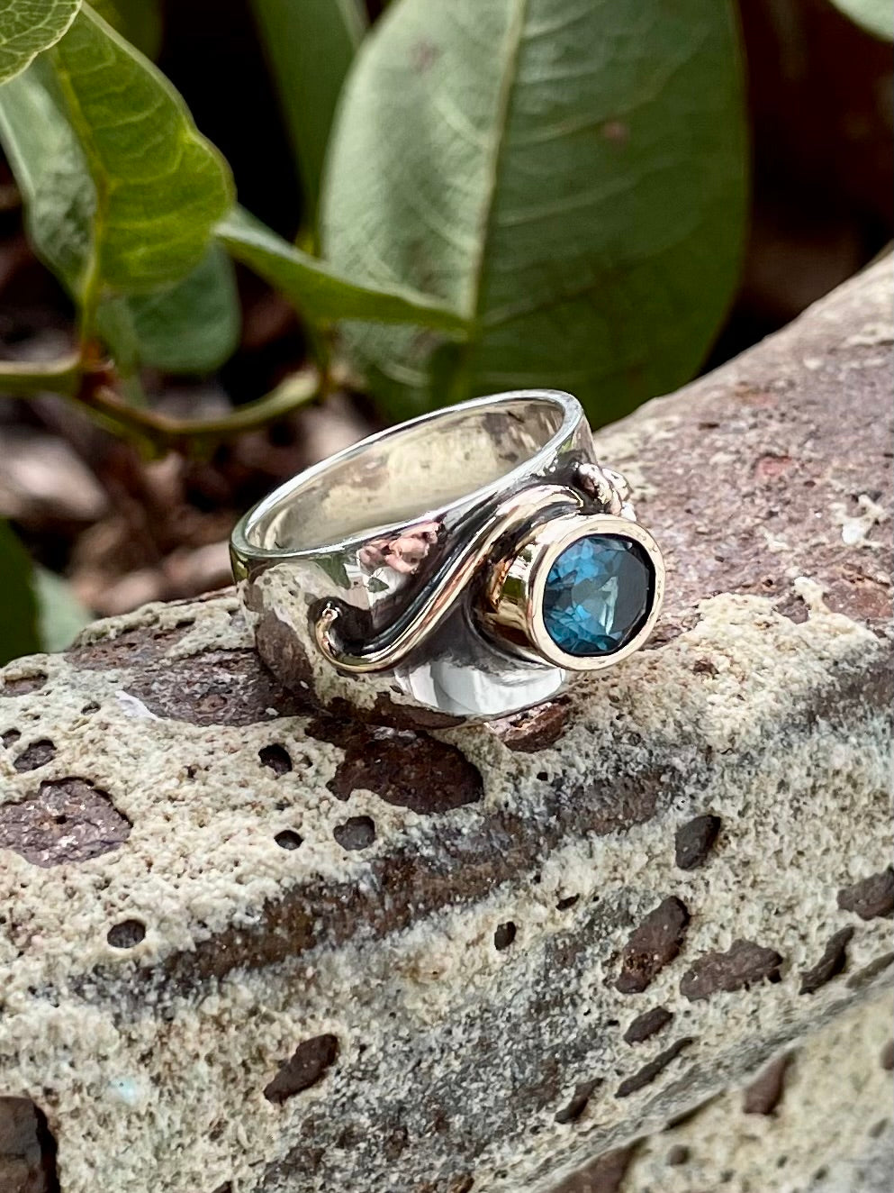 Sterling Silver & 9ct Yellow Gold London Blue Topaz Deco Ring