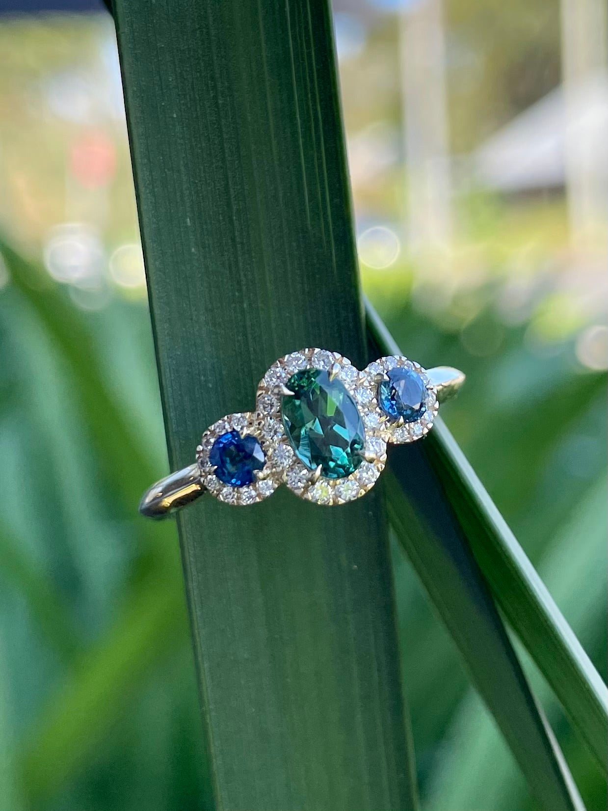 9Y Teal Tourmaline, Ceylonese Sapphire & LabDiamond Ring