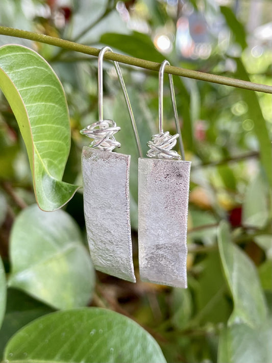 Sterling Silver Reticulated Rectangle Wire Drop Earrings