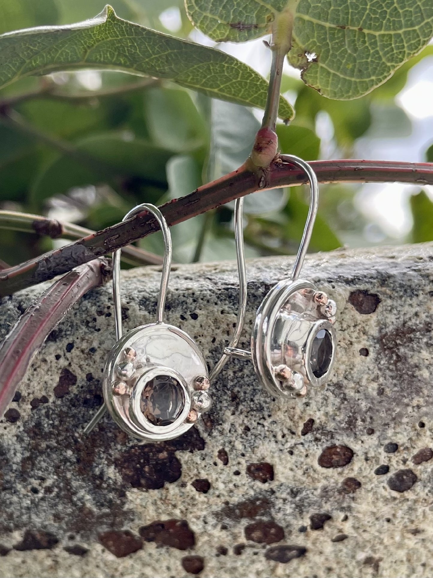 Sterling Silver & 9ct Rose Gold Smokey Quartz Circle Drop Earrings