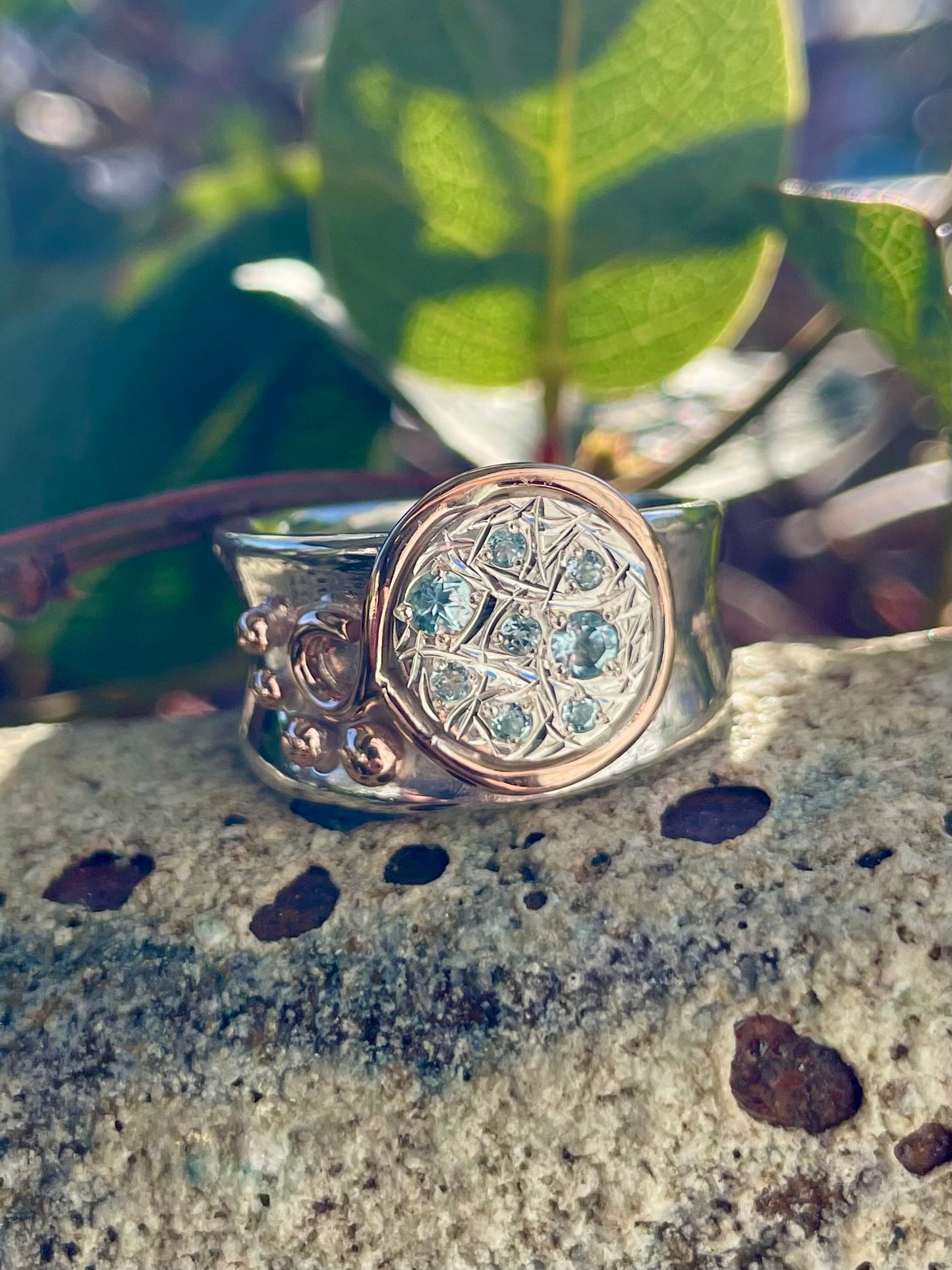 Sterling Silver & 9ct Rose Gold Engrave-set Blue Topaz Ring