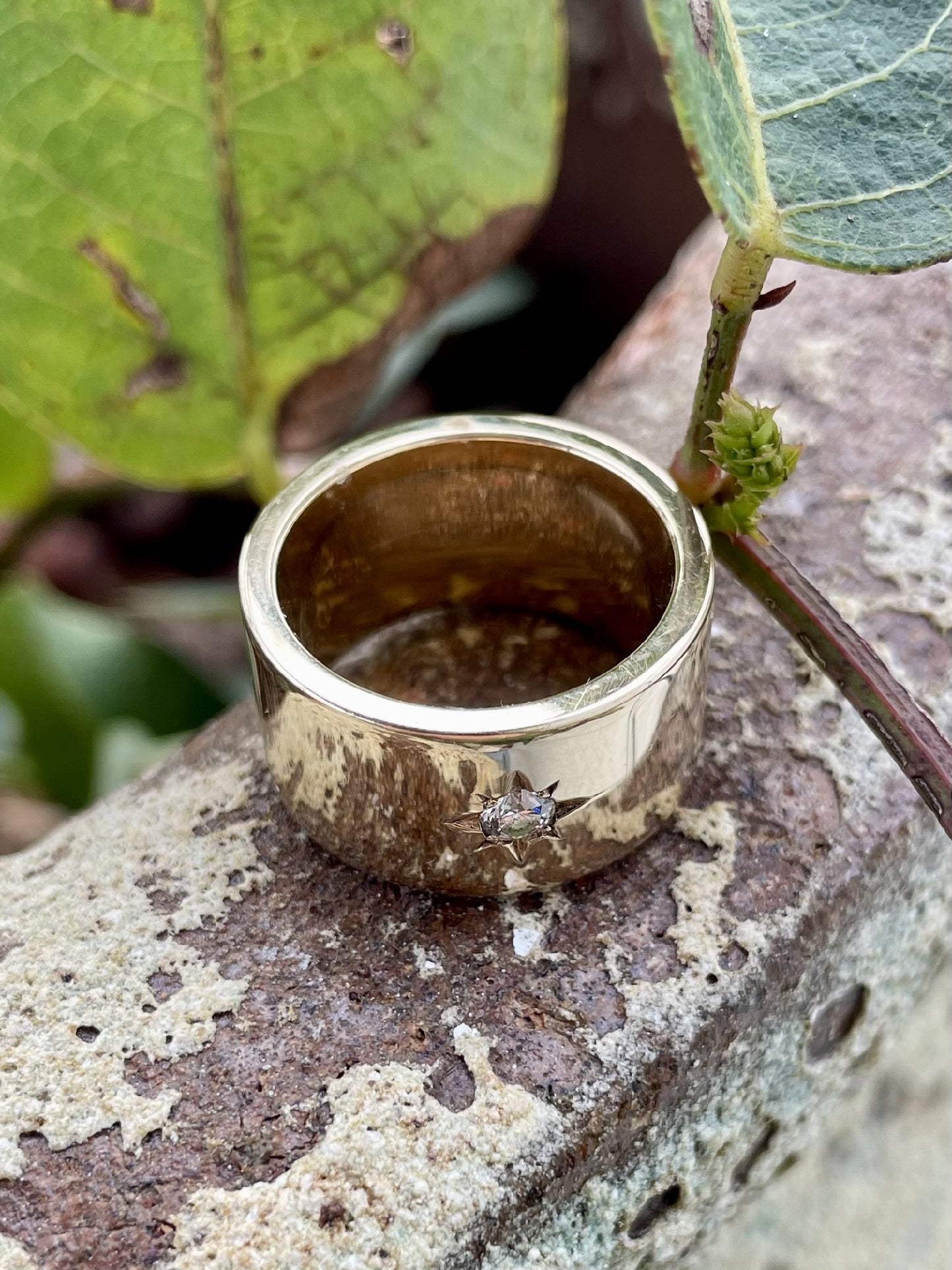 9ct Yellow Gold Star-set Diamond Wide Band Ring