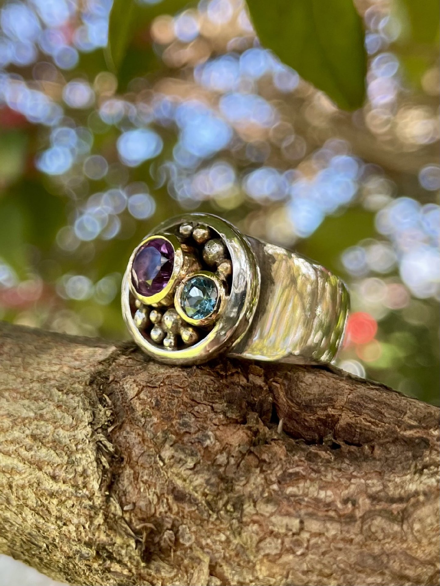 Sterling Silver/9ct Yellow Gold Amethyst & London Blue Topaz Ball Ring