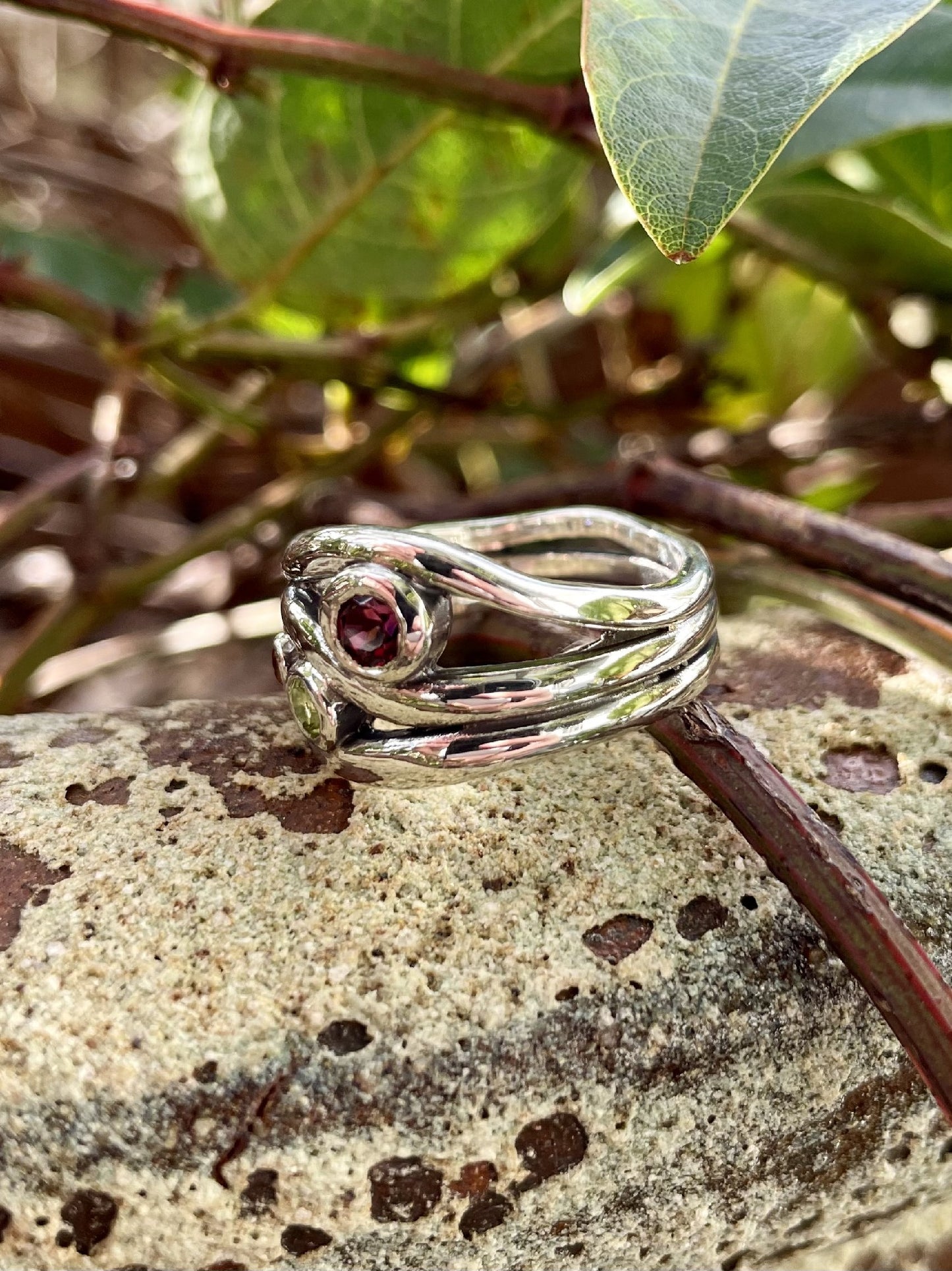 Sterling Silver Rhodolite Garnet, Peridot & Citrine Wave Ring