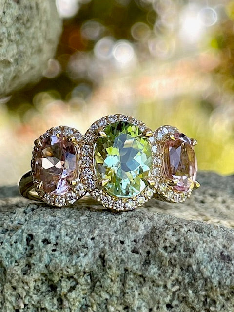 9Y Mint Tourmaline, Pink Morganite Diamond Ring