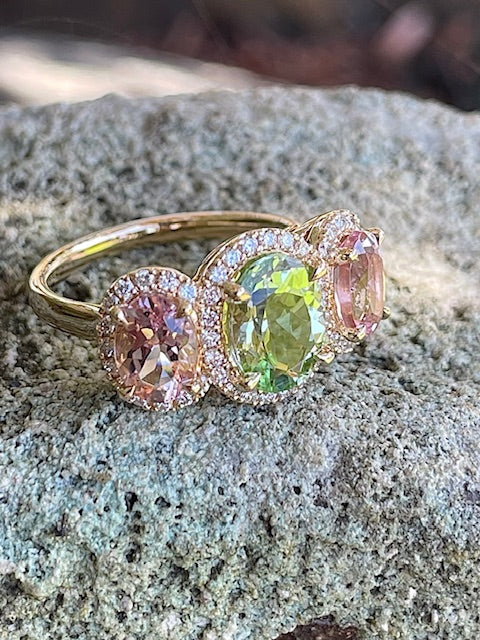 9Y Mint Tourmaline, Pink Morganite Diamond Ring
