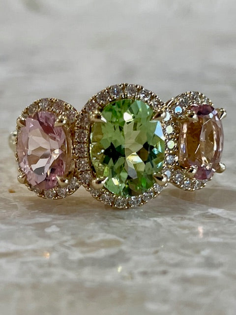 9Y Mint Tourmaline, Pink Morganite Diamond Ring