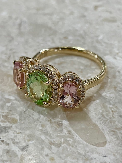 9Y Mint Tourmaline, Pink Morganite Diamond Ring