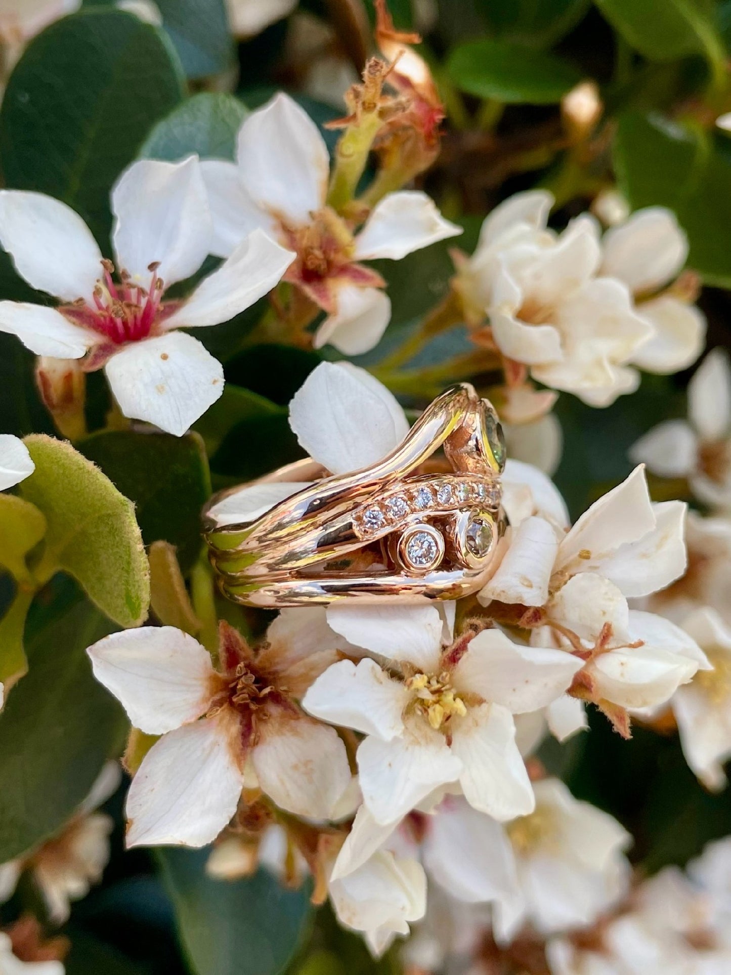 9ct Rose Gold Green Sapphire, Chocolate Diamond & Diamond Wave Ring