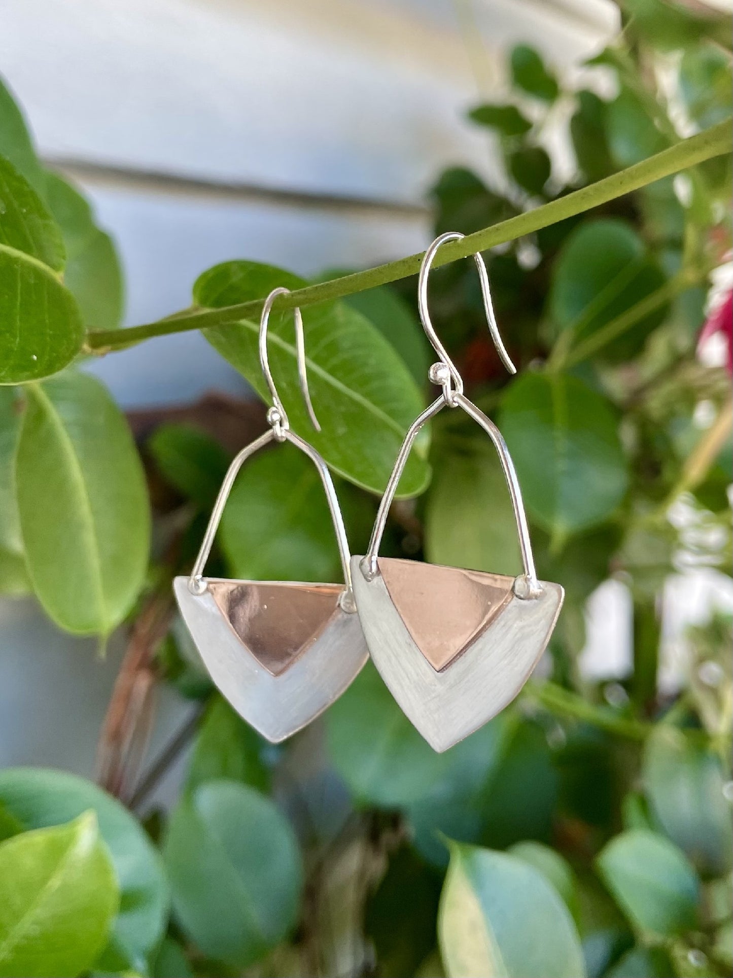 Sterling Silver & 9ct Rose Gold Abstract Triangle Drop Earrings
