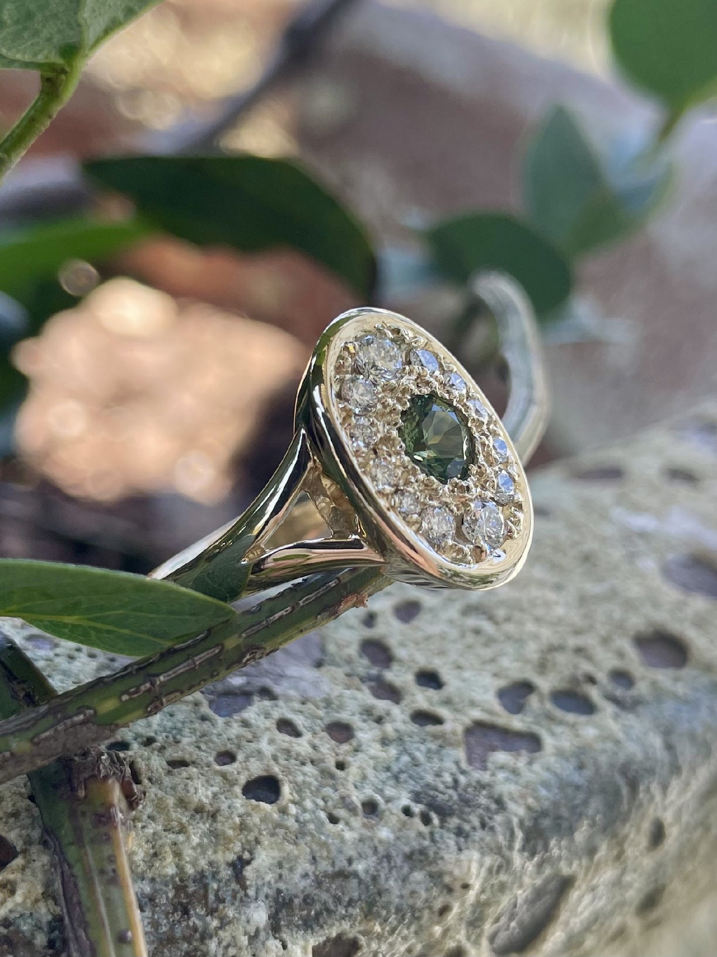 9ct Yellow Gold Green Sapphire & Diamond Oval Halo Ring