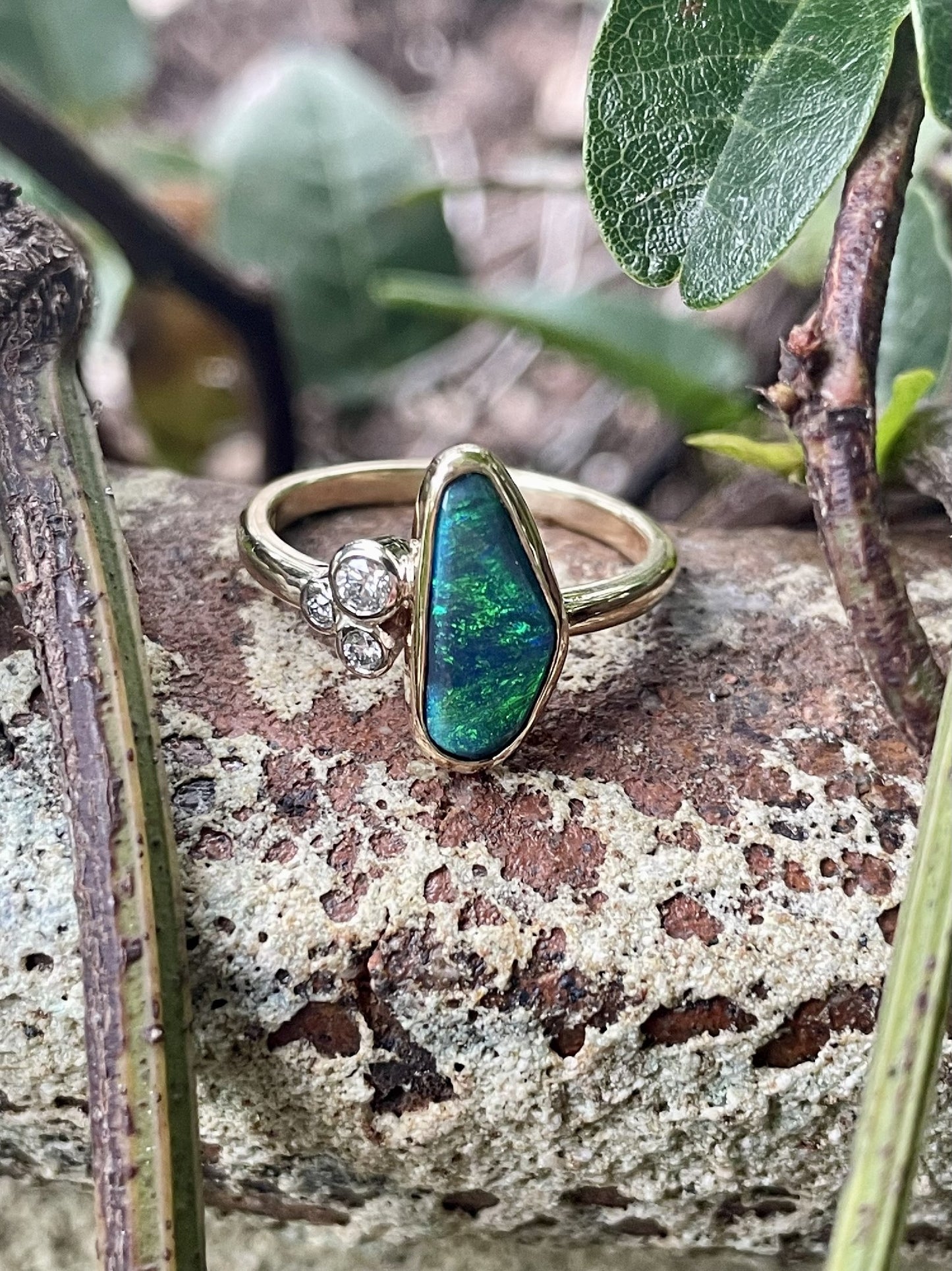 9ct Yellow Gold Green/Black Opal & Diamond Ring