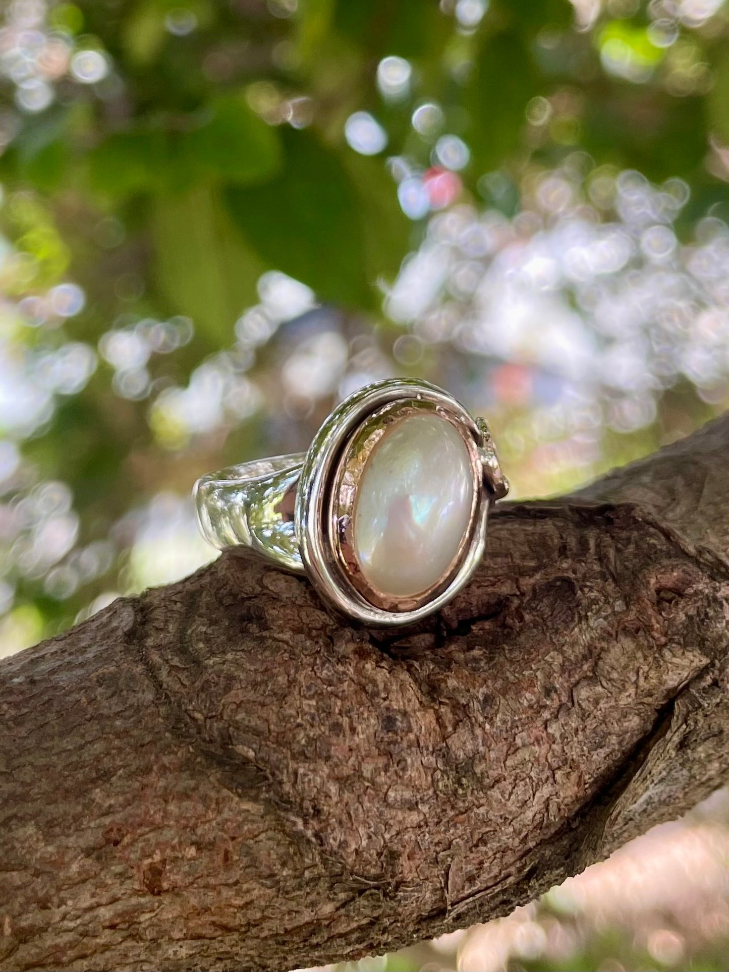 Sterling Silver & 9ct Rose Gold Mabe Pearl 'Deco' Ring