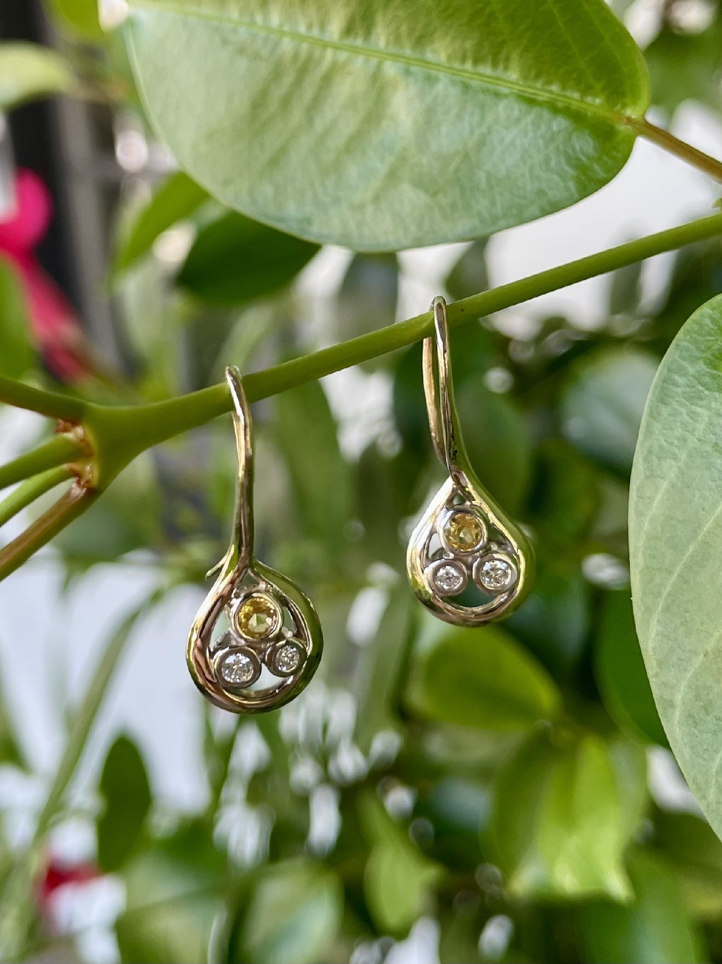 9ct Yellow/White Gold Yellow Sapphire & Diamond Drop Earrings