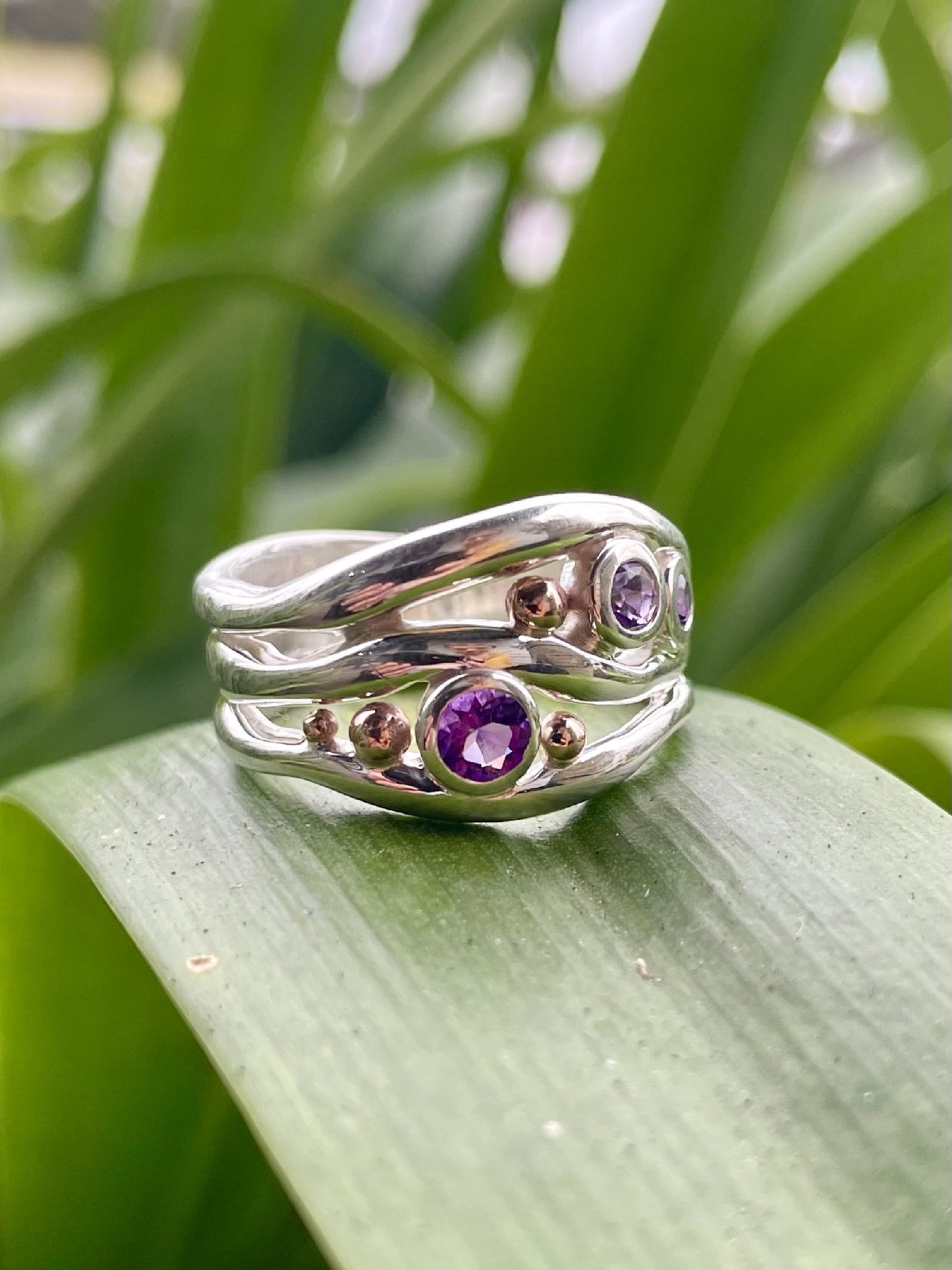 Sterling Silver & 9ct Rose Gold Amethyst Wave Ring