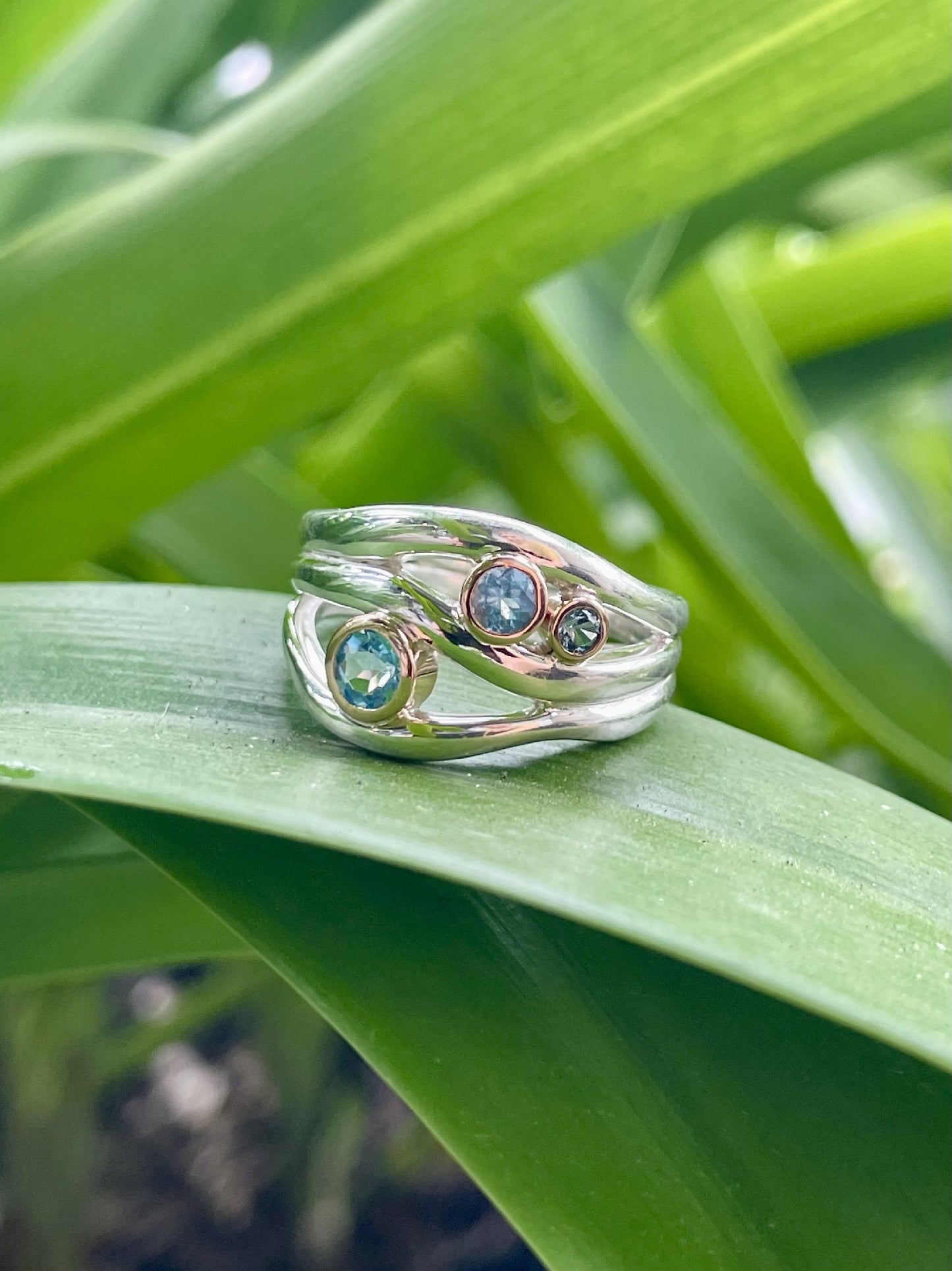 Sterling Silver & 9ct Rose Gold Blue Topaz Wave Ring