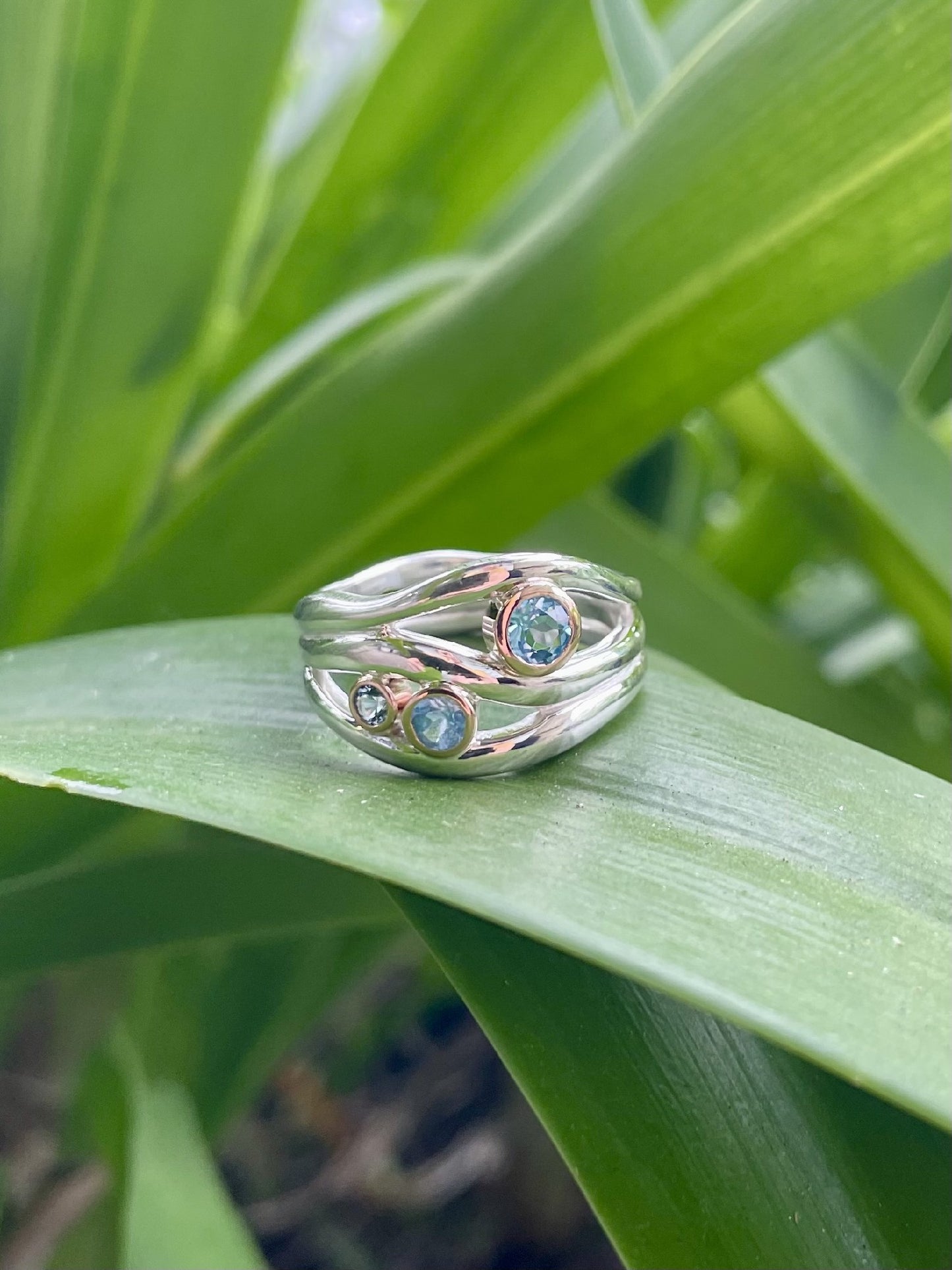Sterling Silver & 9ct Rose Gold Blue Topaz Wave Ring