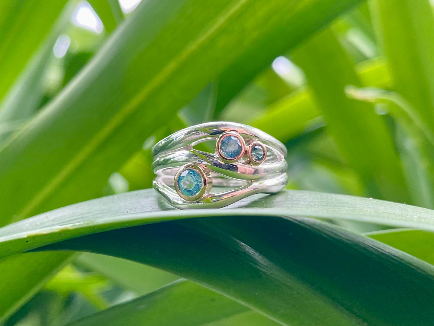 Sterling Silver & 9ct Rose Gold Blue Topaz Wave Ring