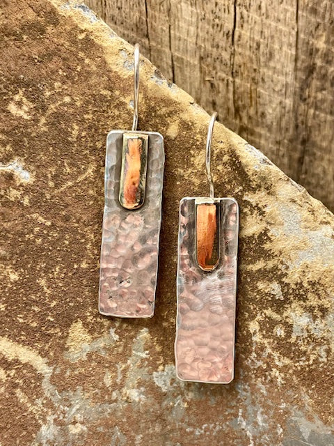 Sterling Silver and 9ct Yellow gold rectangle drop earrings