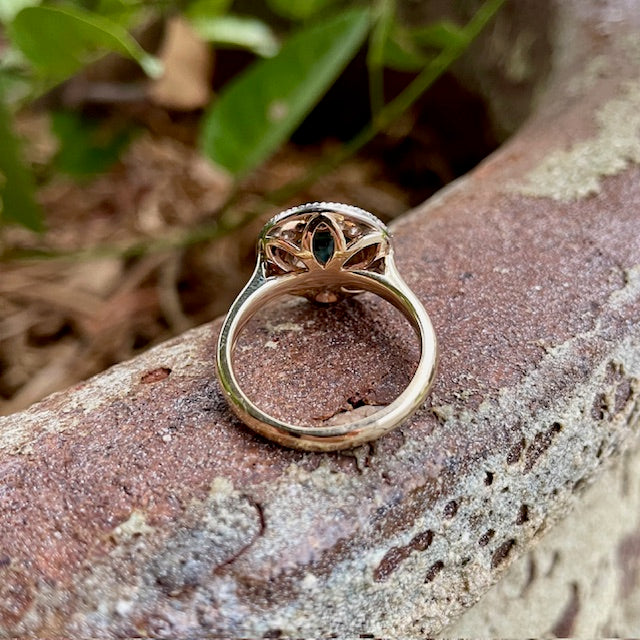 9ct Two tone Blue Sapphire and diamond halo ring