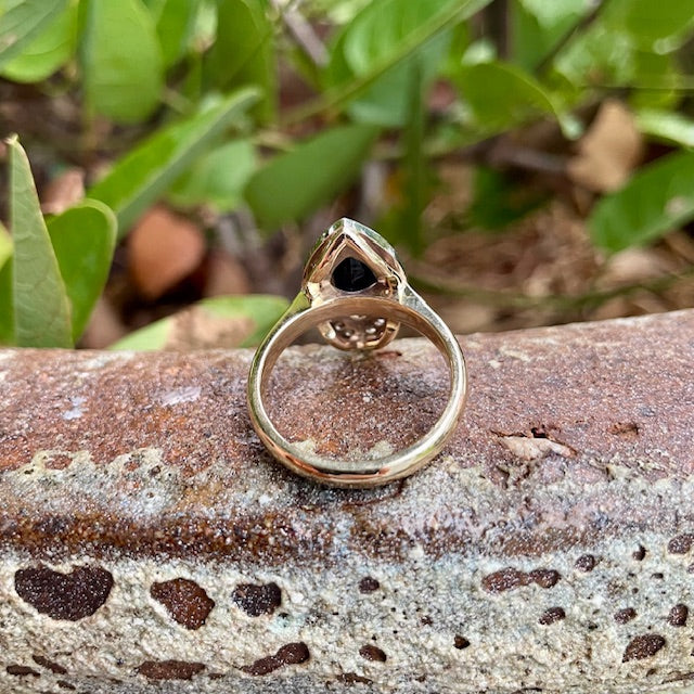 9ct Two tone Lava Plains Marquise Sapphire and Champagne diamond halo ring