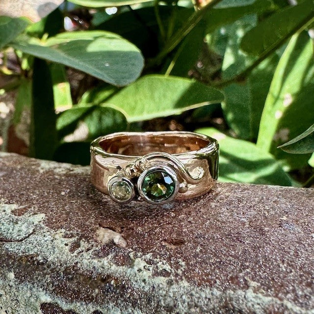 9ct Rose gold molten style Green Sapphire ring