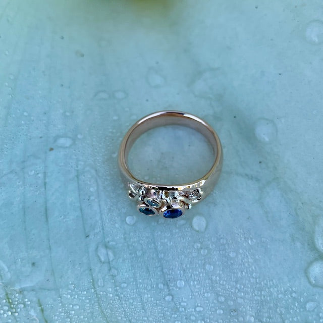 9ct Three tone, Sapphire and Diamond ring
