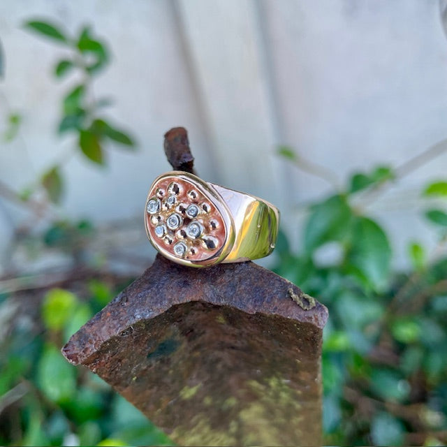 9ct Rose and white gold ball ring with diamonds