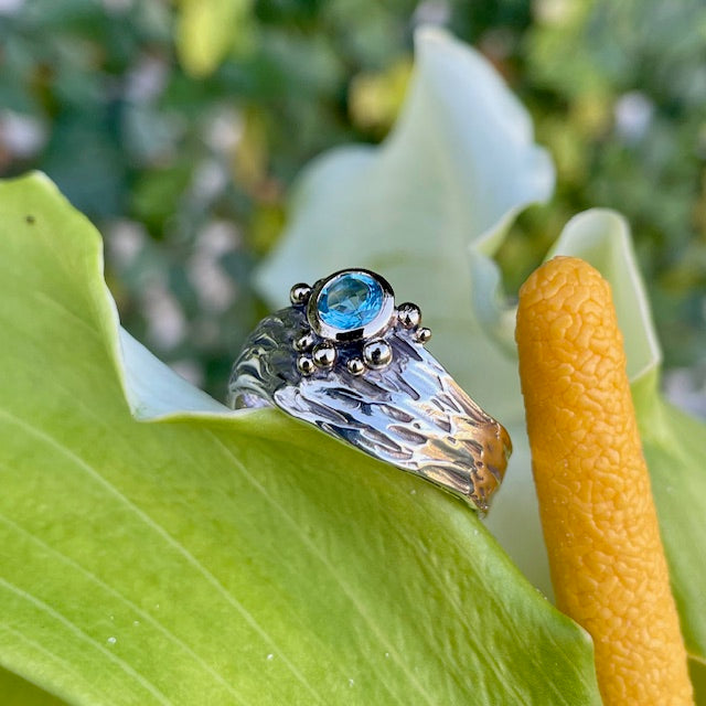 Sterling Silver, 9ct Yellow gold Swiss Blue Topaz ring