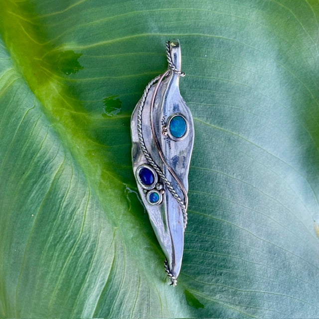 Sterling Silver, 9ct Rose gold leaf pendant with Opal and Lapis