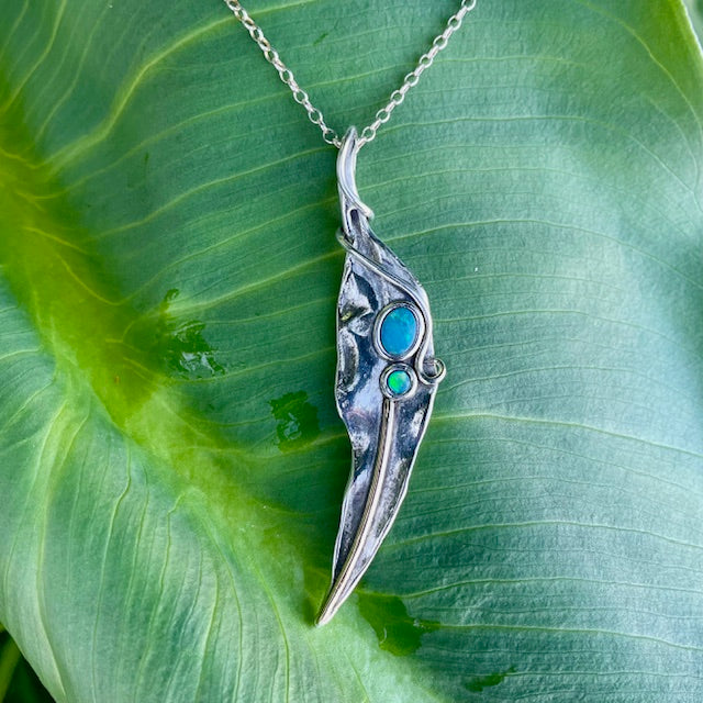 Sterling Silver, 9ct Yellow gold gumleaf pendant with Opal Doublets