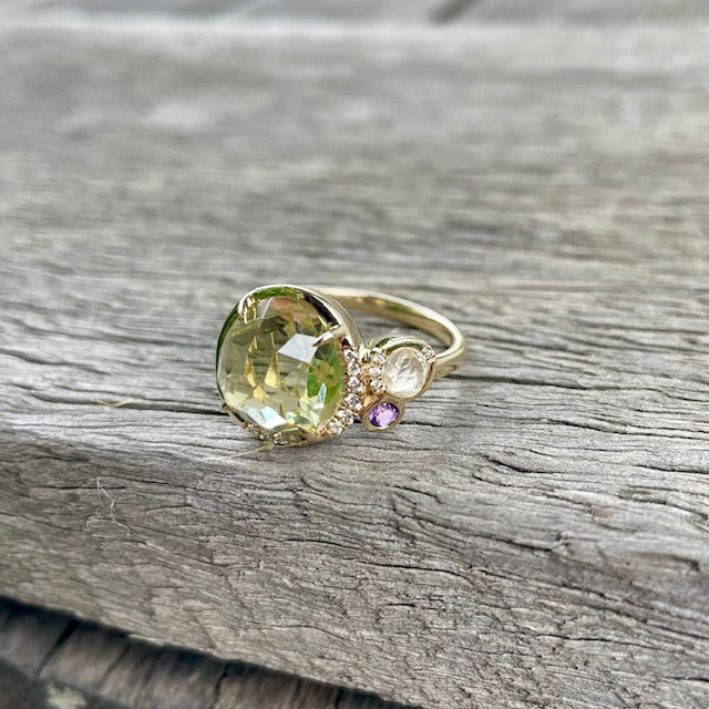 9ct Yellow Gold, Lemon Quartz, Amethest & Diamond Ring