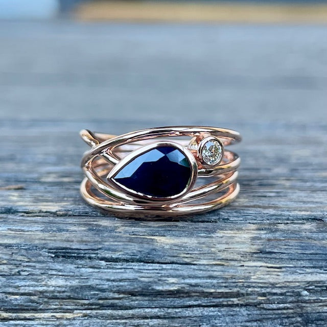9ct Rose Gold Sapphire and Diamond wavy band ring