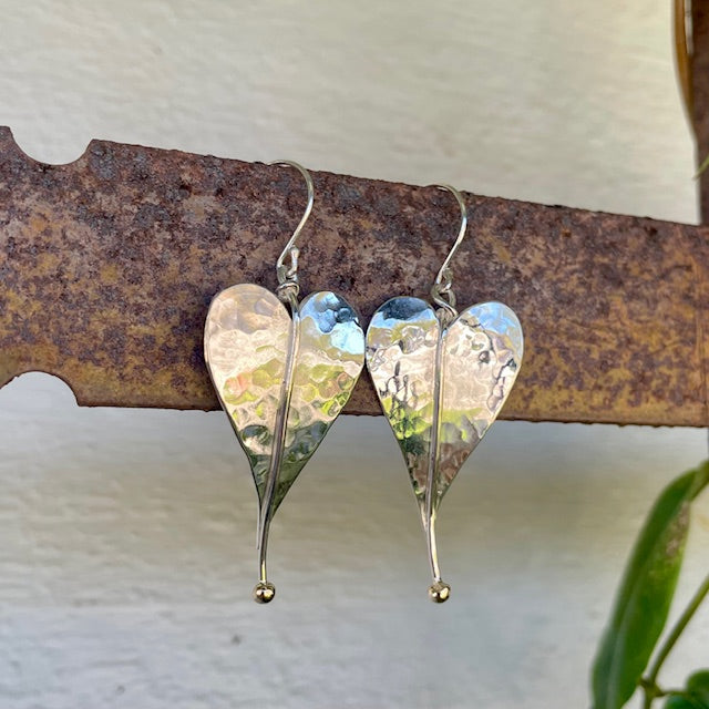 Sterling silver textured heart leaf earrings with 9ct Yellow gold accents