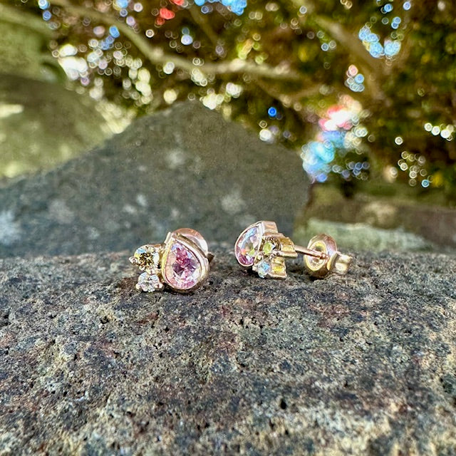 9ct Rose gold, Pink Sapphire, Australian Chocolate diamond and white diamond stud earrings