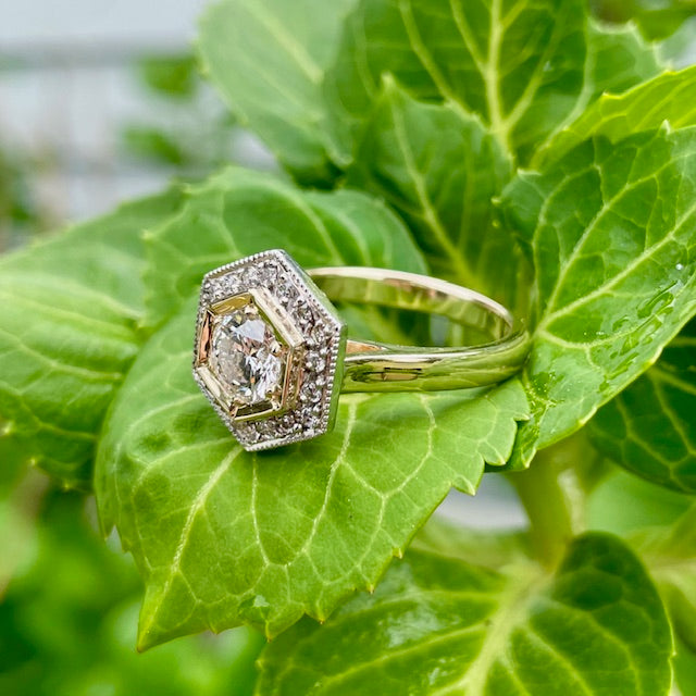 9ct Yellow and White gold Lab diamond Hexagon shape halo ring