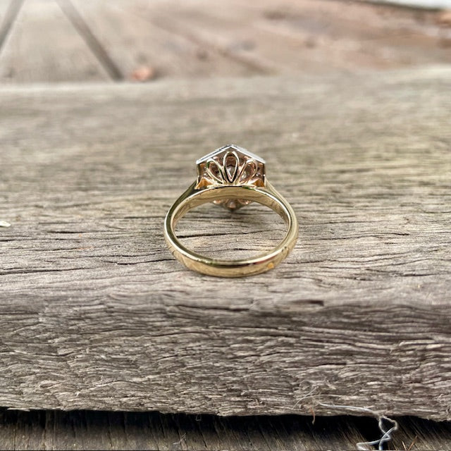 9ct Yellow and White gold Lab diamond Hexagon shape halo ring