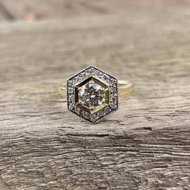 9ct Yellow and White gold Lab diamond Hexagon shape halo ring