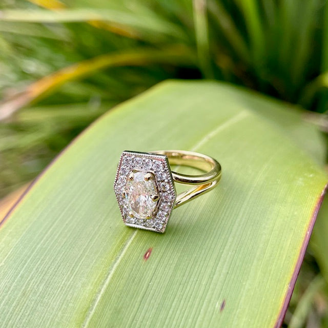 18ct Yellow and White gold claw set oval Lab grown Diamond hexagon shape halo