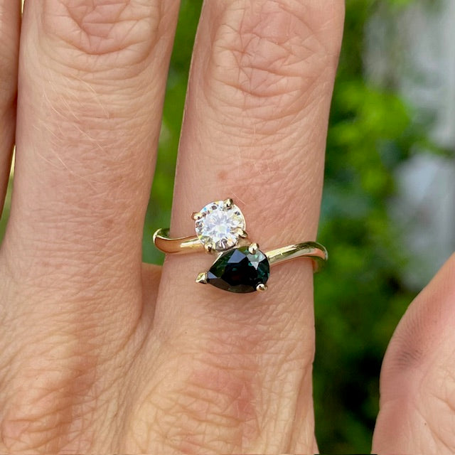 9ct Yellow gold Sapphire and Lab Grown diamond curved ring