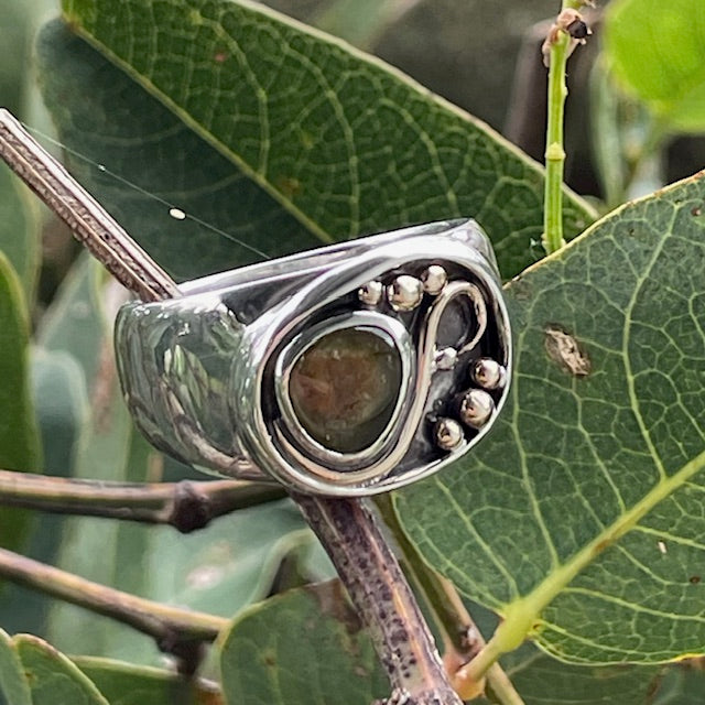 Sterling Silver Tourmaline with 9ct yellow gold wire work on a wide band Ring
